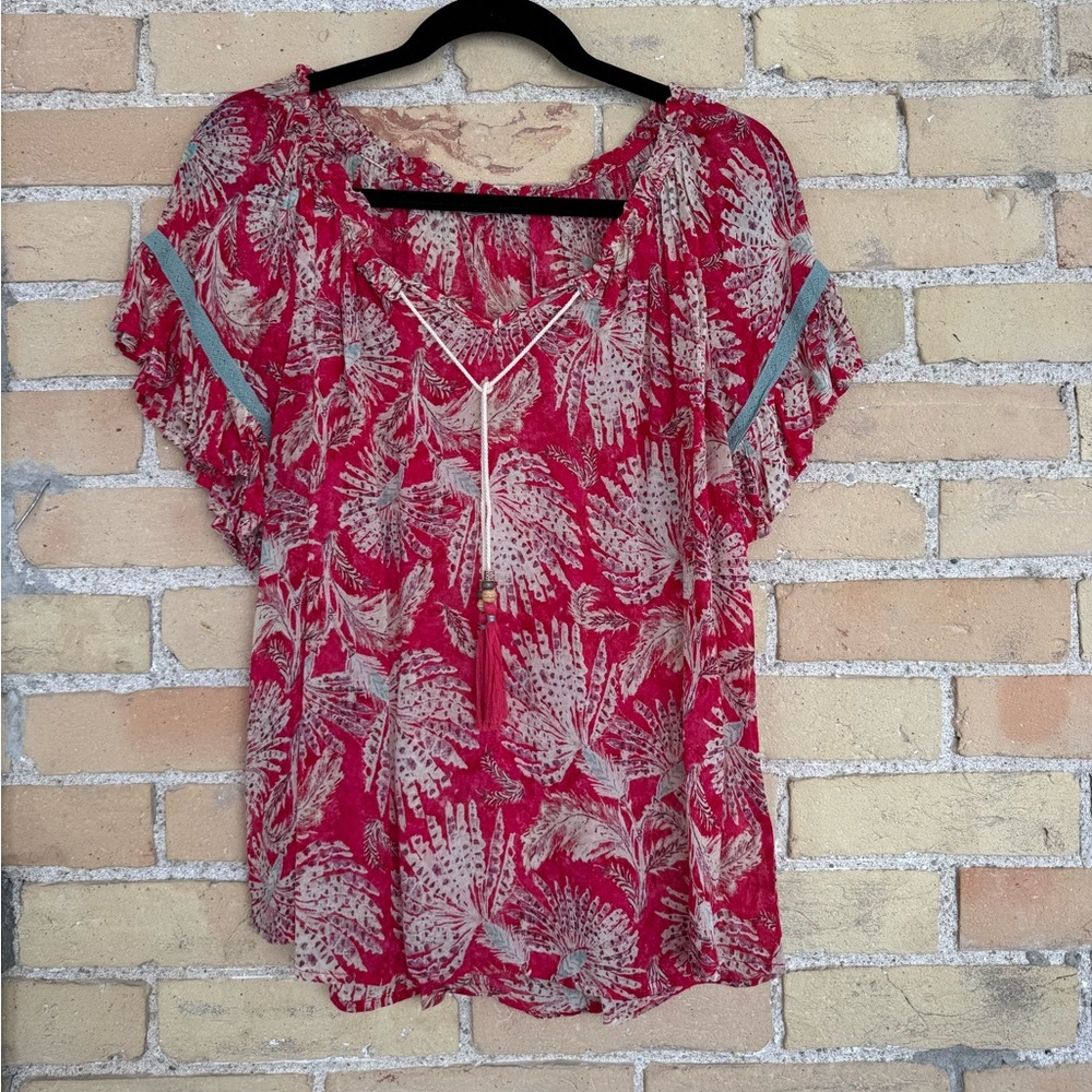Nile Red Floral Blouse with Lace Details
